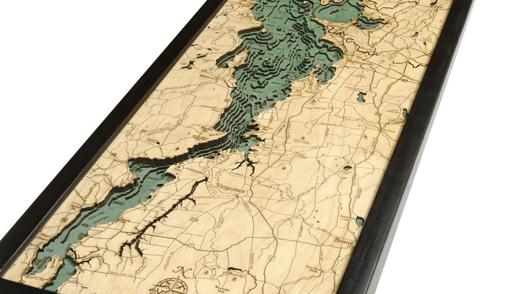Lake Champlain 3D wood map in a dark frame, shown at an angle