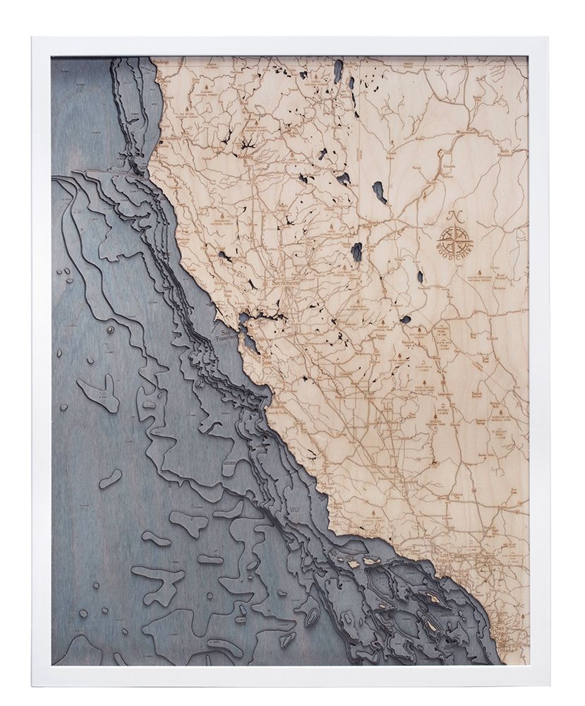California Coast 3D wood map, white frame