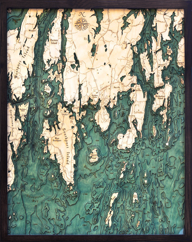 Boothbay Harbor 3D wood map, dark frame