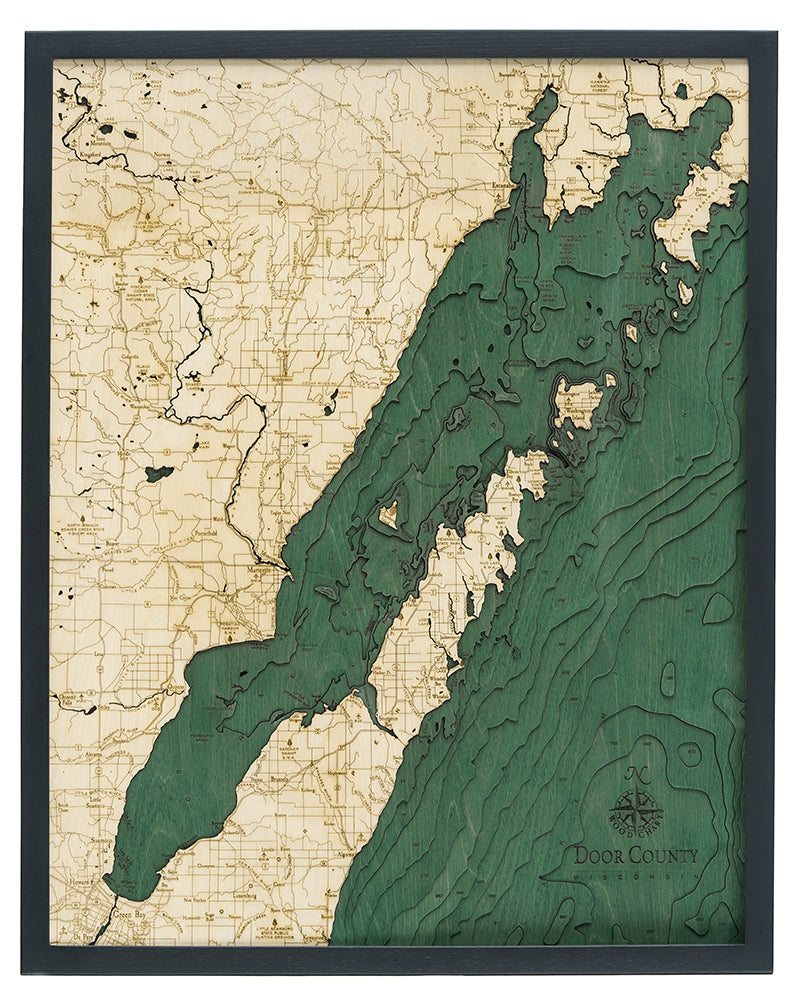 Door County 3D wood map, dark frame