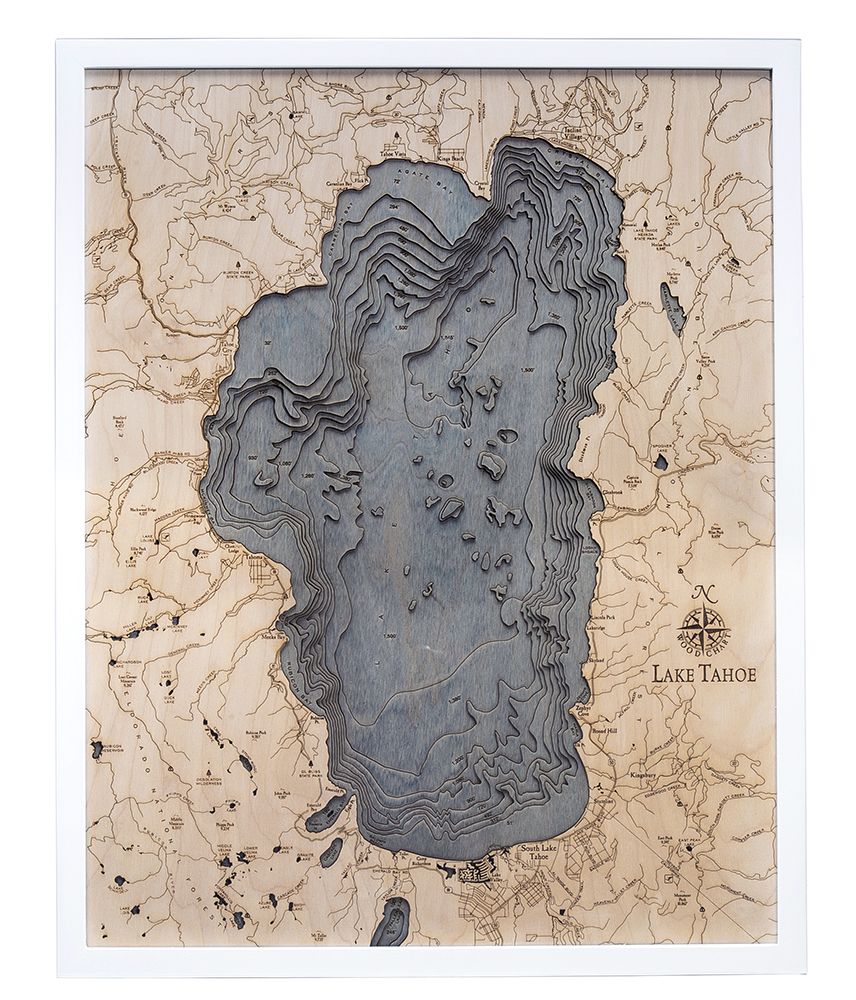 Lake Tahoe, California 3D wood map, white frame