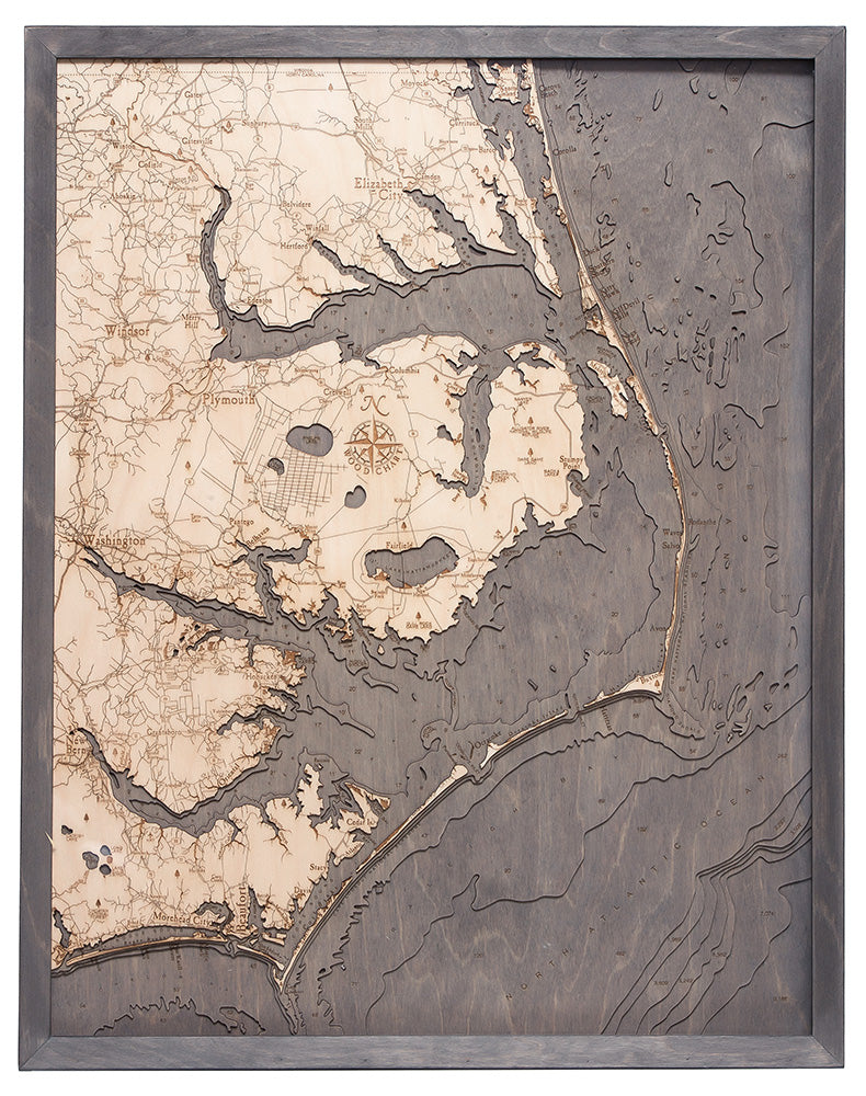 Outer Banks, North Carolina 3D wood map 24.5 x 31, light frame