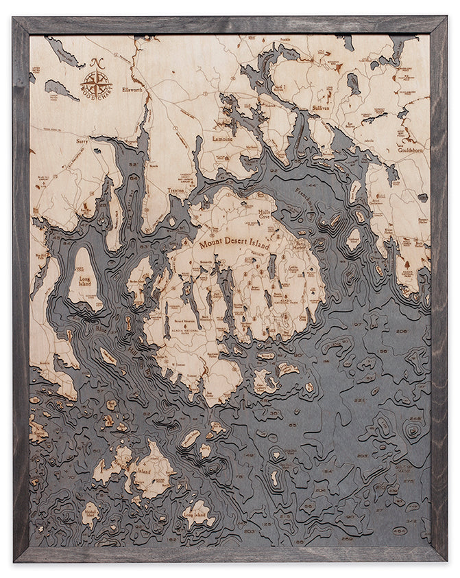 Bar Harbor & Mount Desert, Maine 3D layered wood map in laser-cut Baltic birch, shown framed against a light wall
