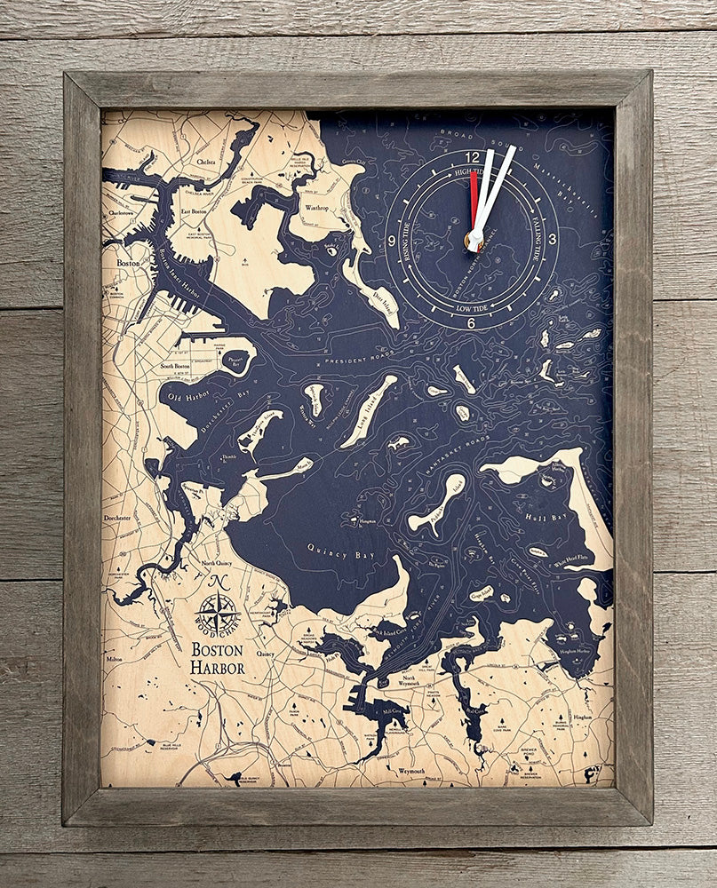 Boston Harbor framed tide and time clock, light frame