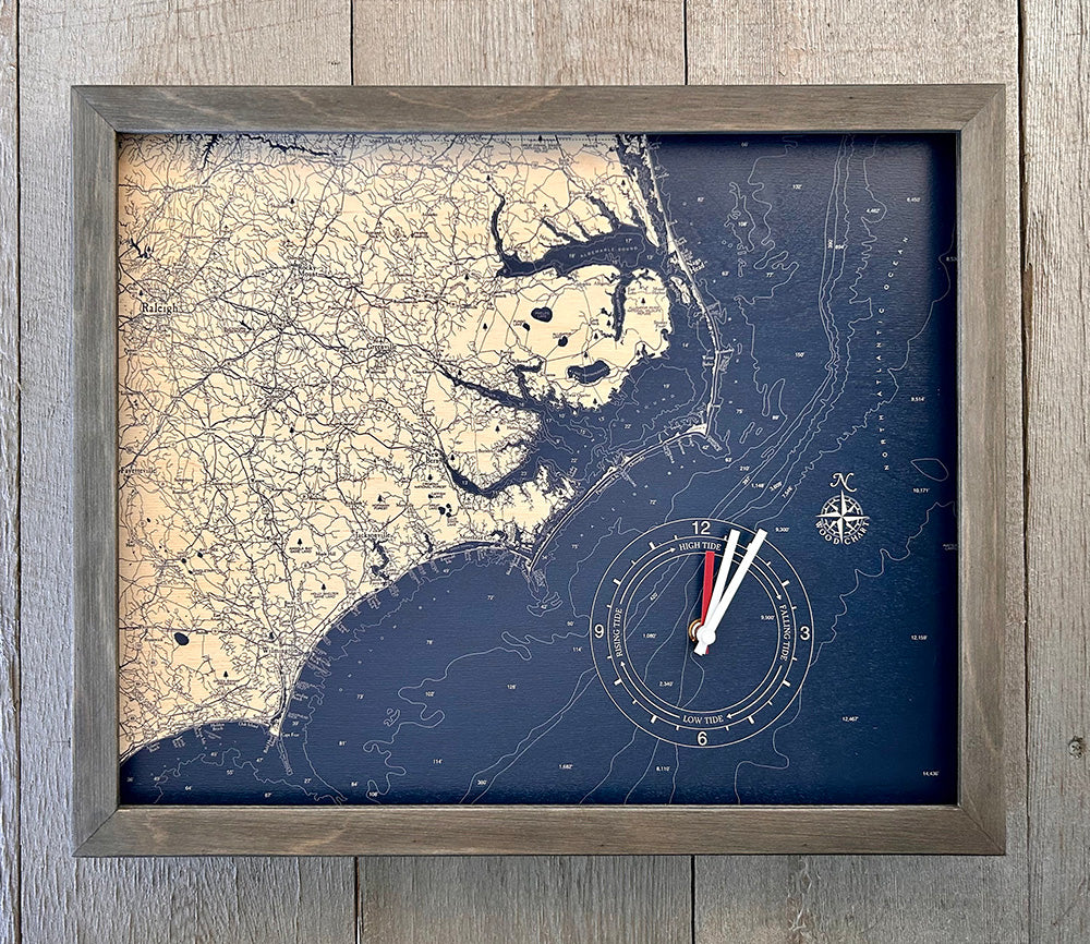 North Carolina Coast framed tide and time clock, light frame