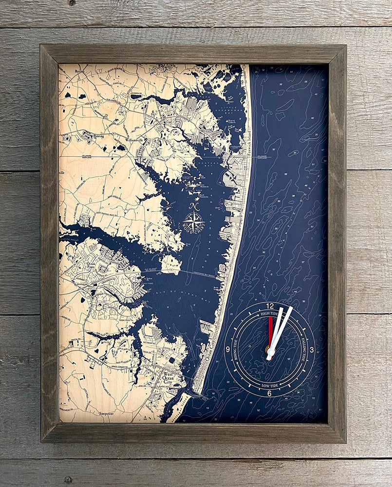Ocean City framed tide and time clock, light frame