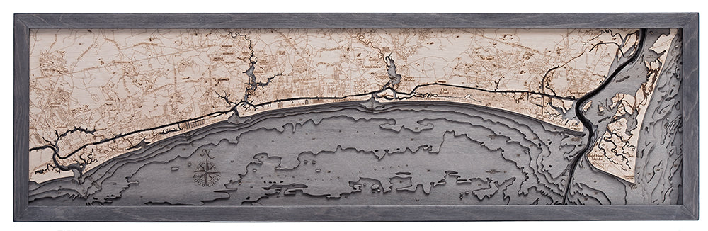 Sunset Beach to Cape Fear 3D wood map, light frame