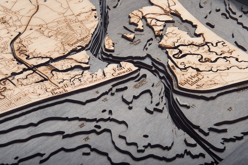 Sunset Beach to Cape Fear 3D wood map, light frame