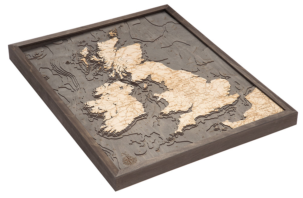 United Kingdom 3D layered wood map in laser-cut Baltic birch, shown framed against a light wall