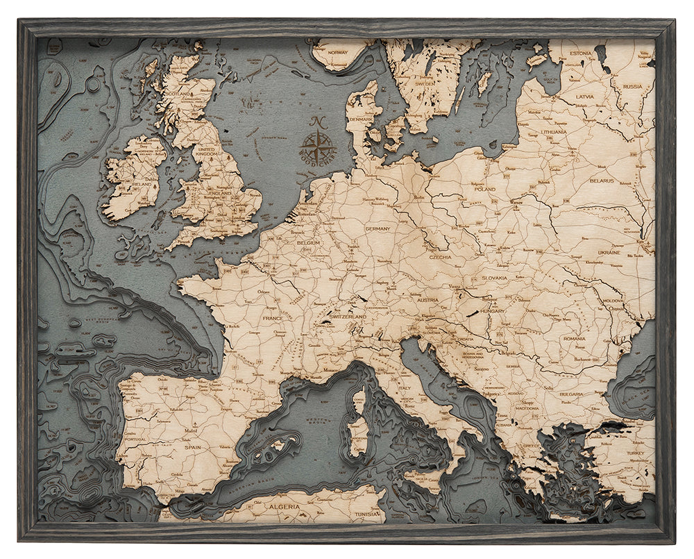 Western Europe Wood Carved Topographic Depth Chart / Map