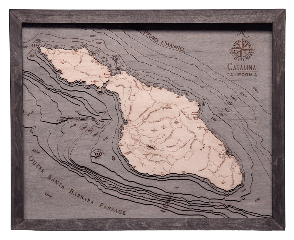Catalina Island, California 3D layered wood map in laser-cut Baltic birch, shown framed against a light wall