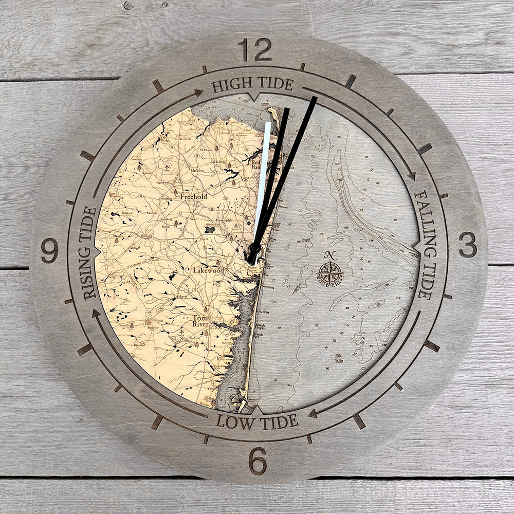 Sandy Hook to Barnegat tide and time clock in laser-cut Baltic birch