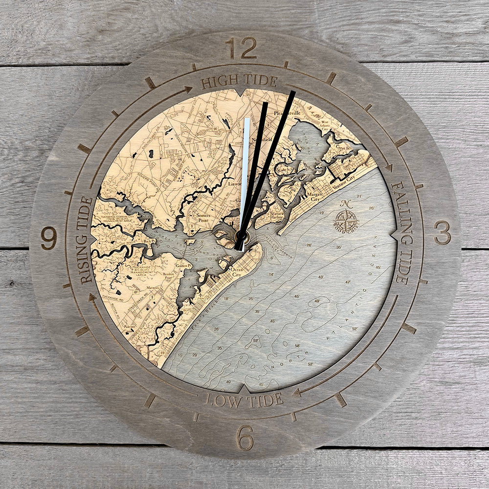 Ocean City tide and time clock in laser-cut Baltic birch