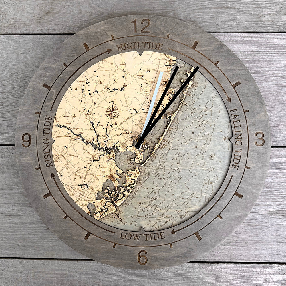 Barnegat Light to Atlantic City tide and time clock in laser-cut Baltic birch