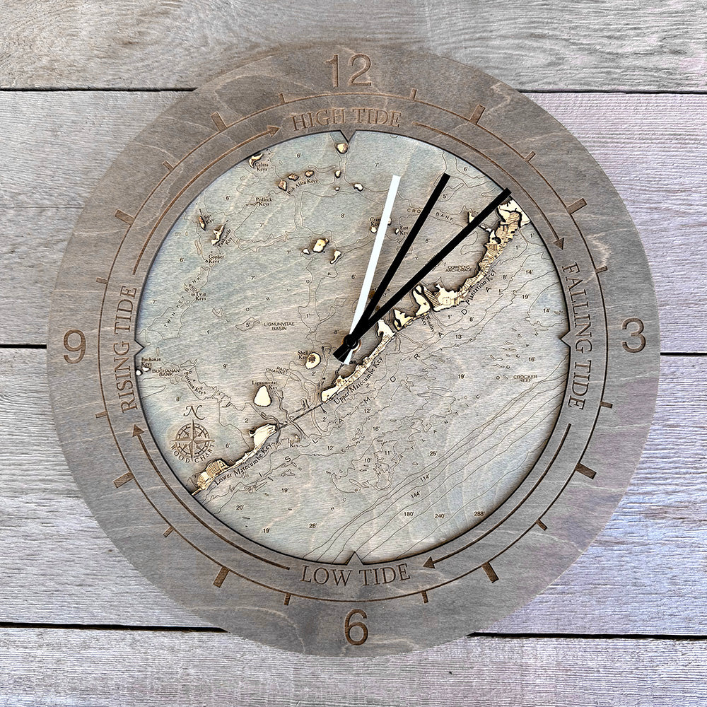 Islamorada tide and time clock in laser-cut Baltic birch