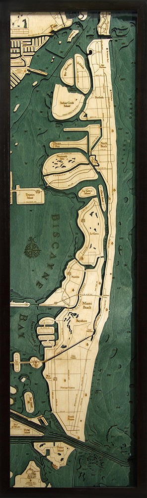Miami Beach, Florida 3D layered wood map in laser-cut Baltic birch, shown framed against a light wall