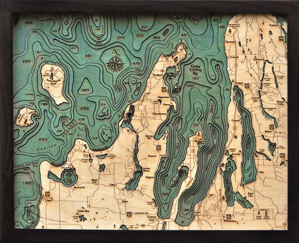 Grand Traverse Bay 3D wood map 16x20, dark frame