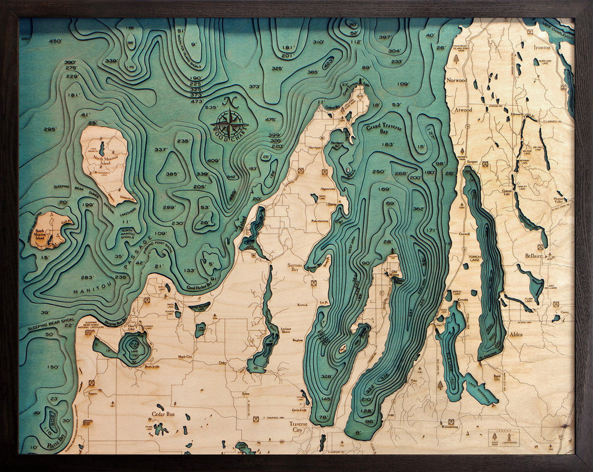 Grand Traverse Bay 3D wood map 24.5x31, dark frame