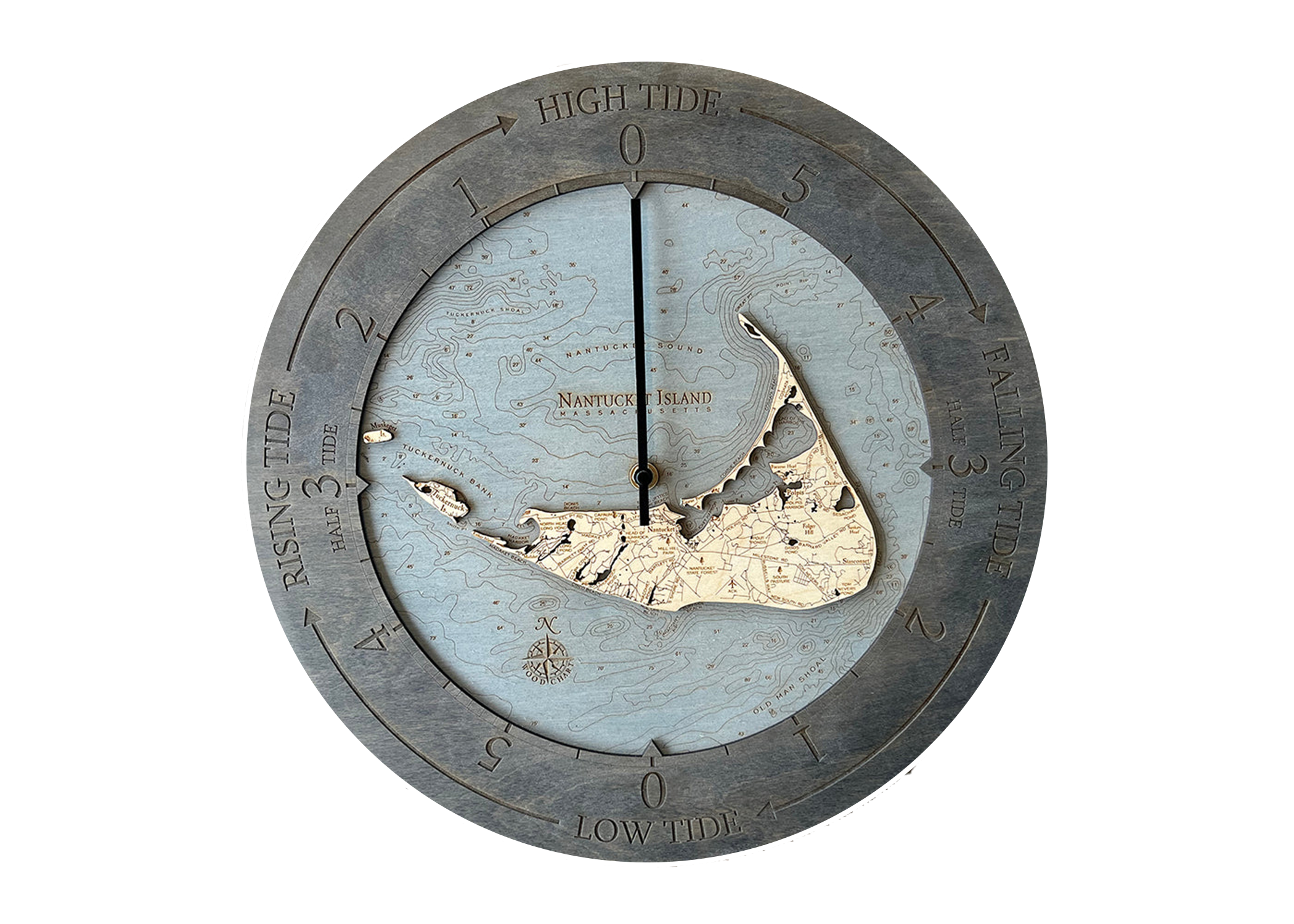 Nantucket, Massachusetts wood tide clock in laser-cut Baltic birch, shown framed against a light wall