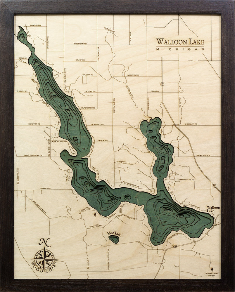 Walloon Lake 3D wood map, dark frame
