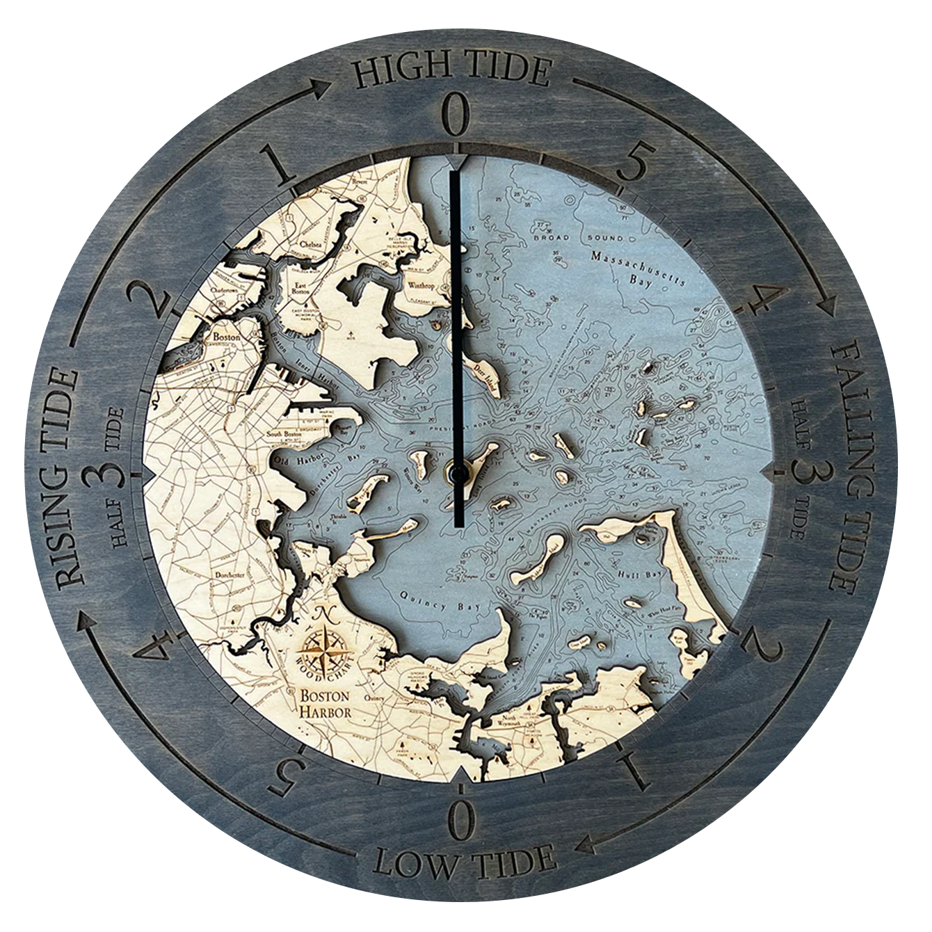 Boston Harbor, Massachusetts wood tide clock in laser-cut Baltic birch, shown framed against a light wall