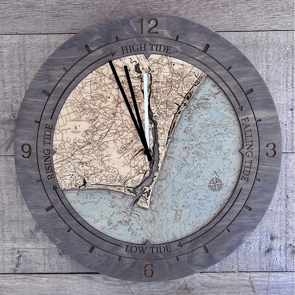 Sunset Harbor to Wilmington tide and time clock in laser-cut Baltic birch