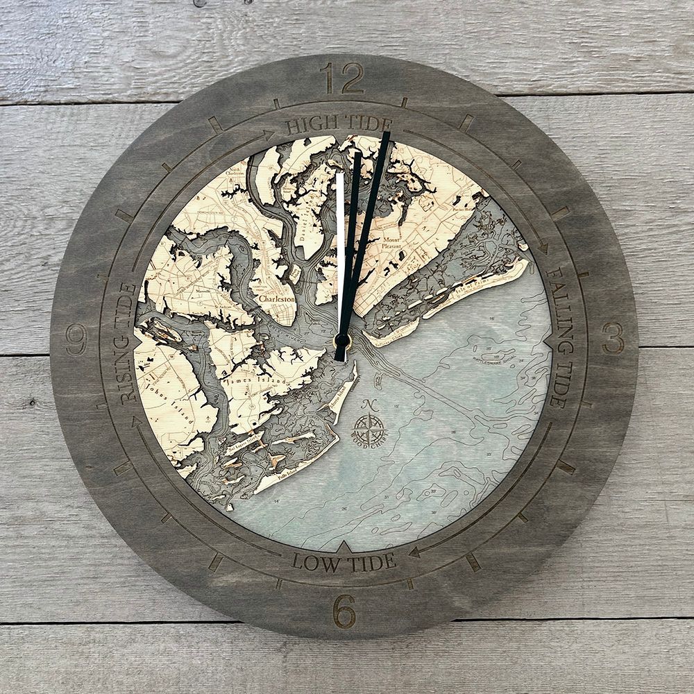 Charleston, South Carolina tide and time clock in laser-cut Baltic birch
