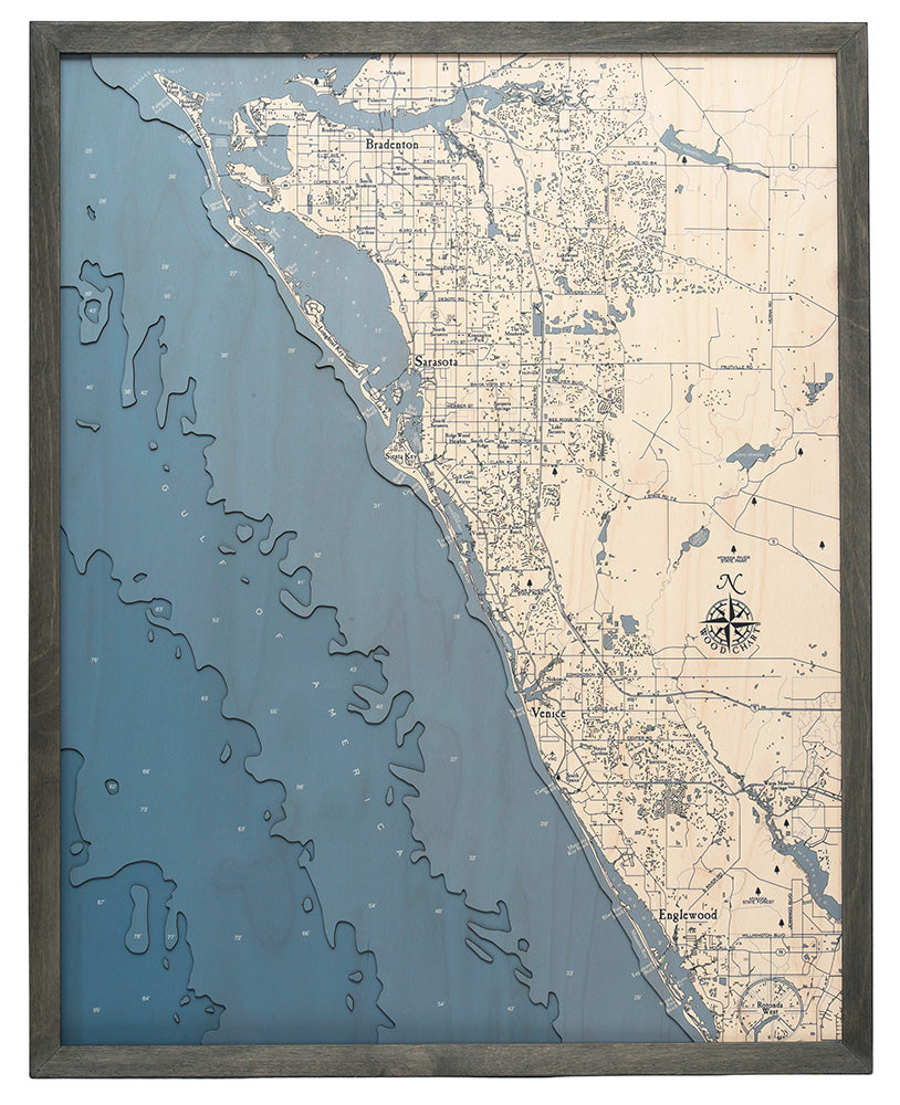 Longboat Key to Manasota Key UV-printed wood map, light frame
