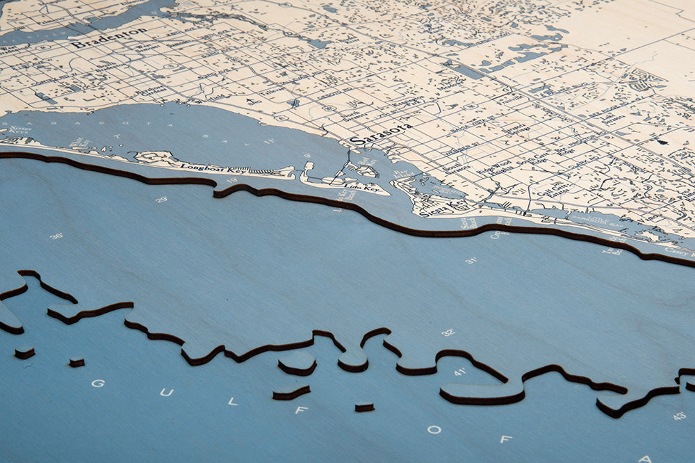 Longboat Key to Manasota Key UV-printed wood map, light frame