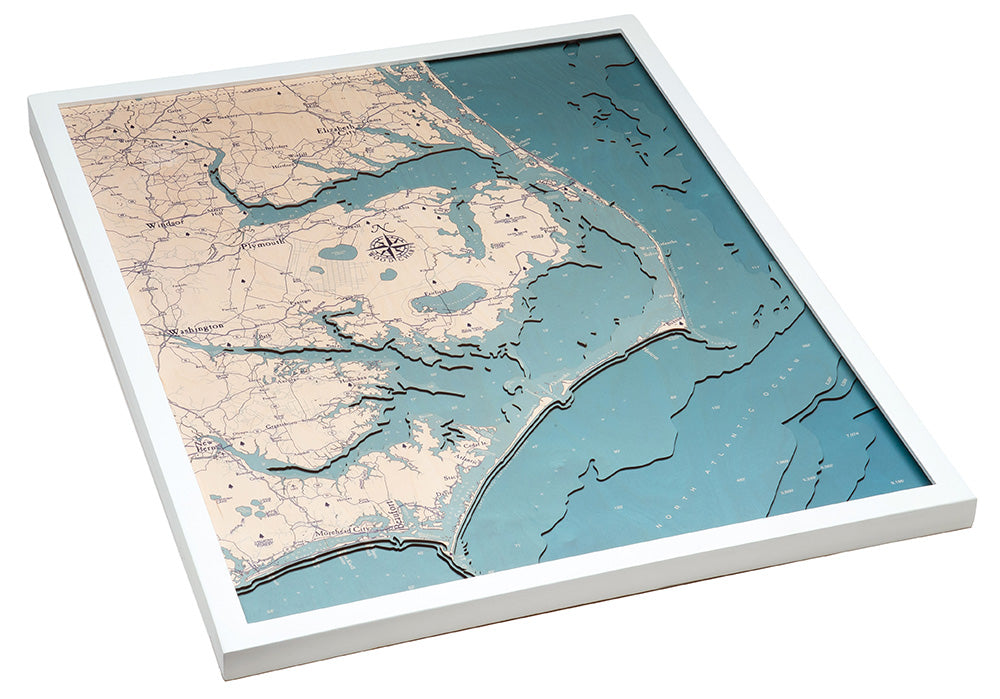 Outer Banks, North Carolina UV-printed wood map, white frame