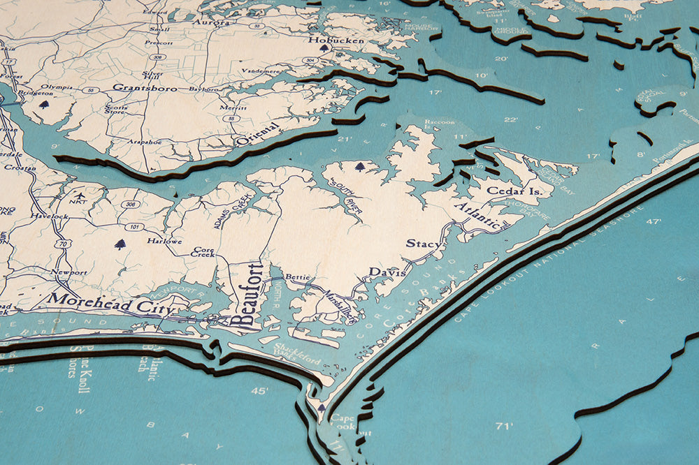 Outer Banks, North Carolina UV-printed wood map, white frame