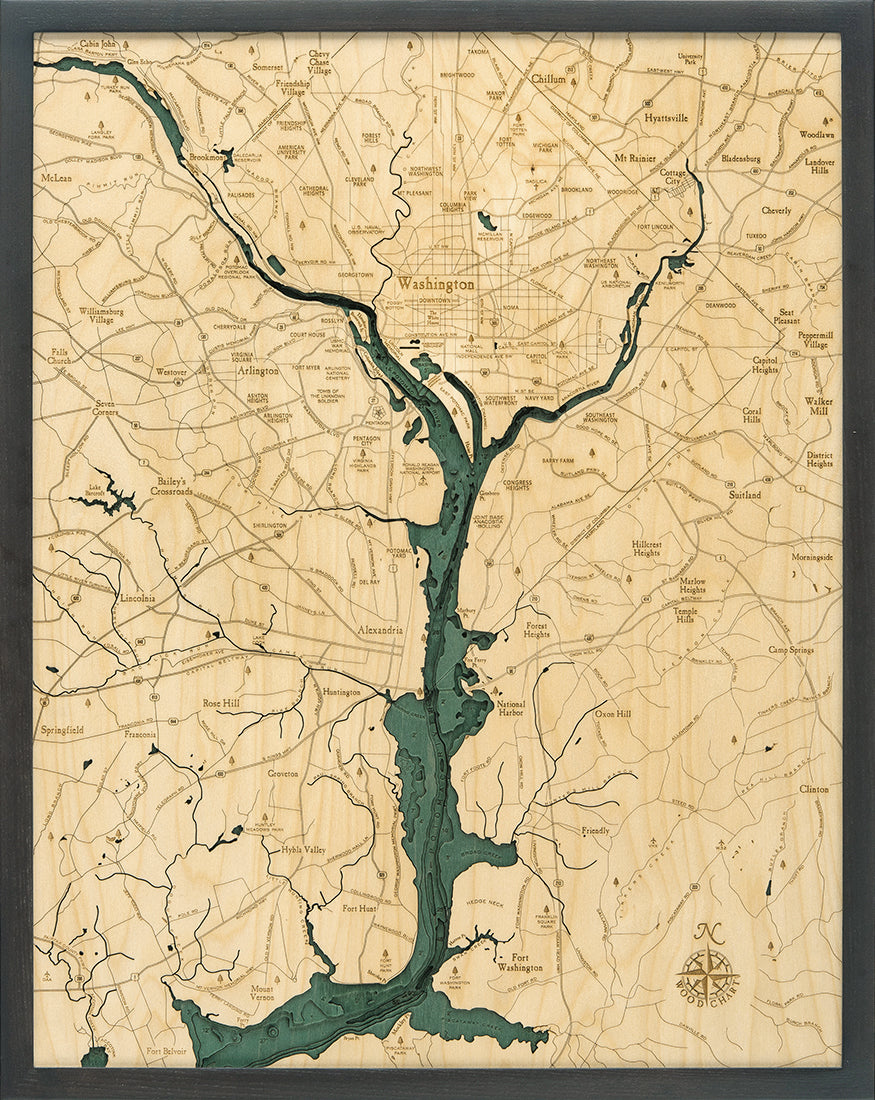 Washington D.C., Washington, D.C. 3D layered wood map in laser-cut Baltic birch, shown framed against a light wall