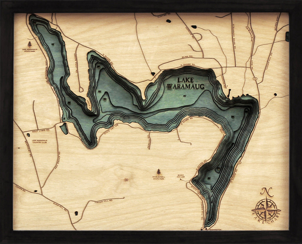 Lake Waramaug, Connecticut 3D layered wood map in laser-cut Baltic birch, shown framed against a light wall