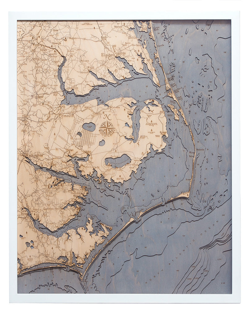 Outer Banks, North Carolina 3D wood map 24.5 x 31, white frame