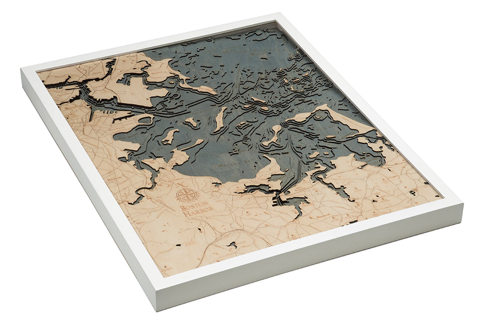 Boston Harbor, Massachusetts 3D wood map, white frame