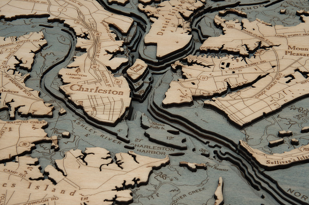 Charleston, South Carolina 3D wood map, white frame