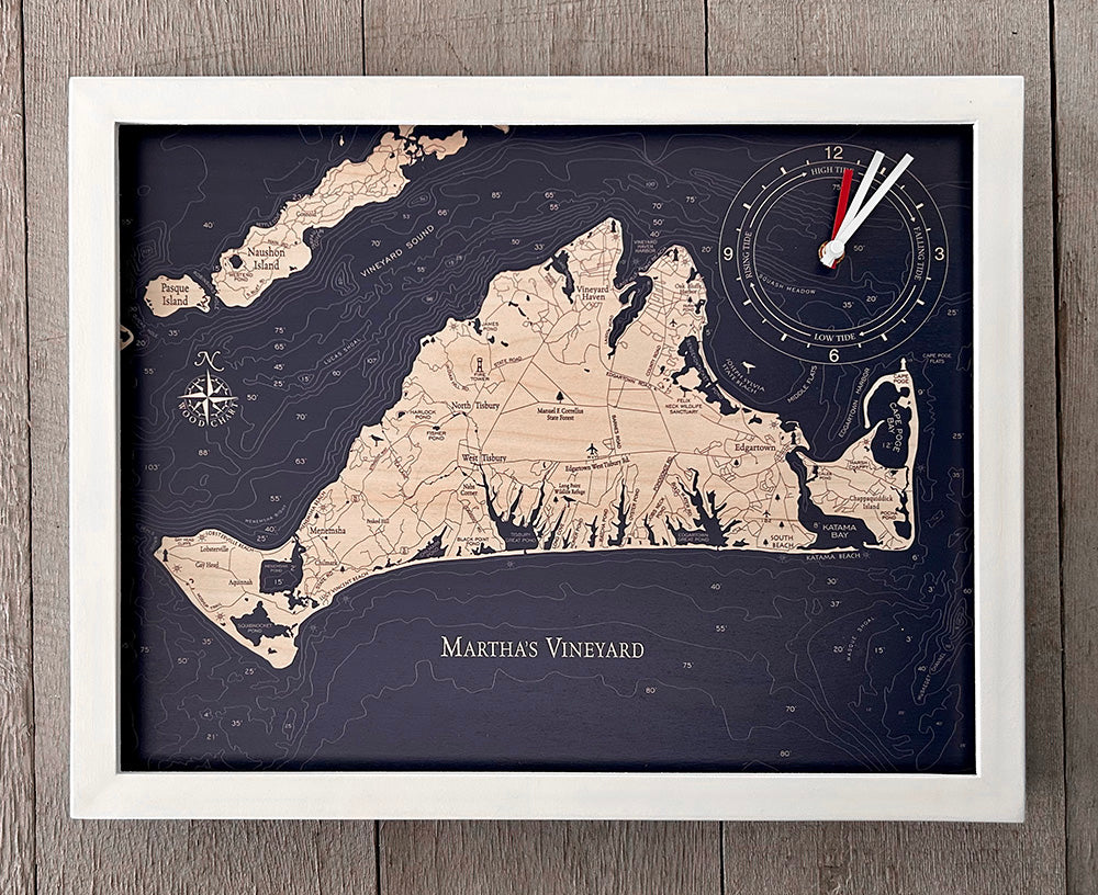 Martha's Vineyard framed tide and time clock, white frame