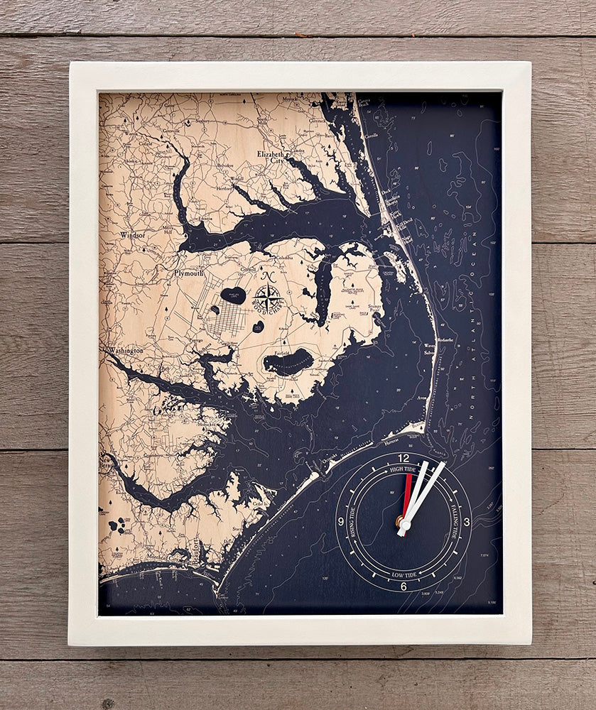 Outer Banks framed tide and time clock, white frame