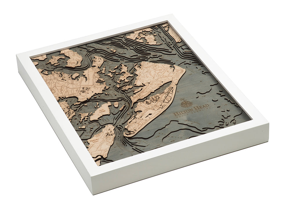 Hilton Head, South Carolina 3D wood map, white frame