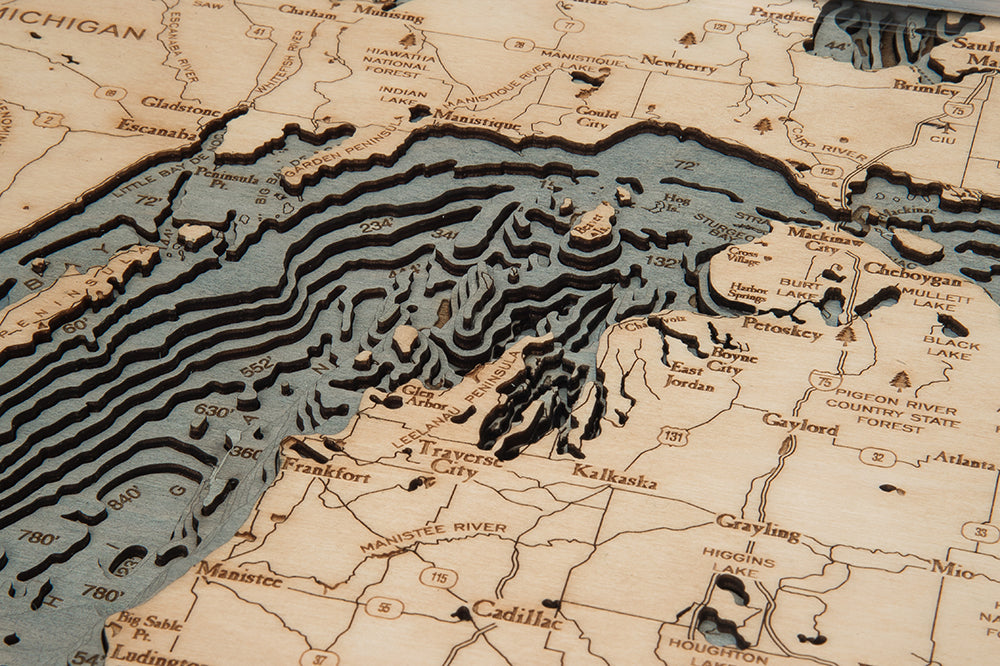 Lake Michigan 3D wood map, white frame