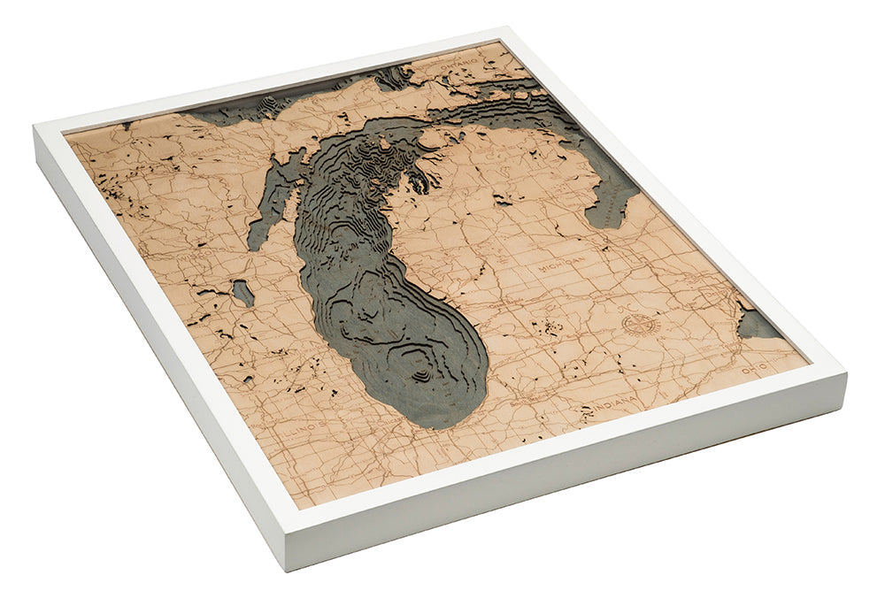 Lake Michigan 3D wood map, white frame
