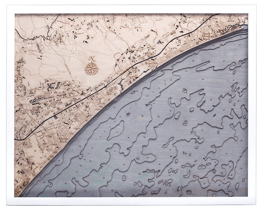 Myrtle to North Myrtle Beach 3D wood map, white frame
