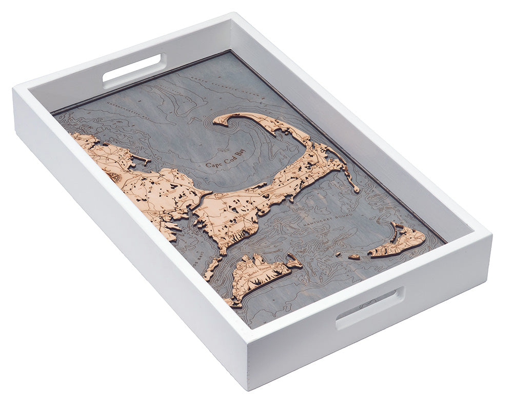 Cape Cod, Massachusetts wood serving tray, white frame