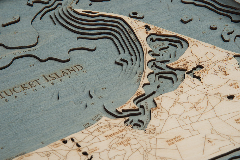 Nantucket, Massachusetts 3D wood map, white frame