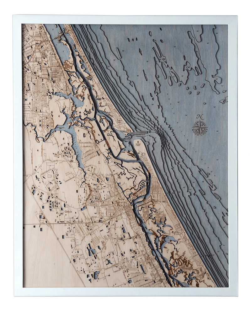 New Smyrna Beach 3D wood map, white frame