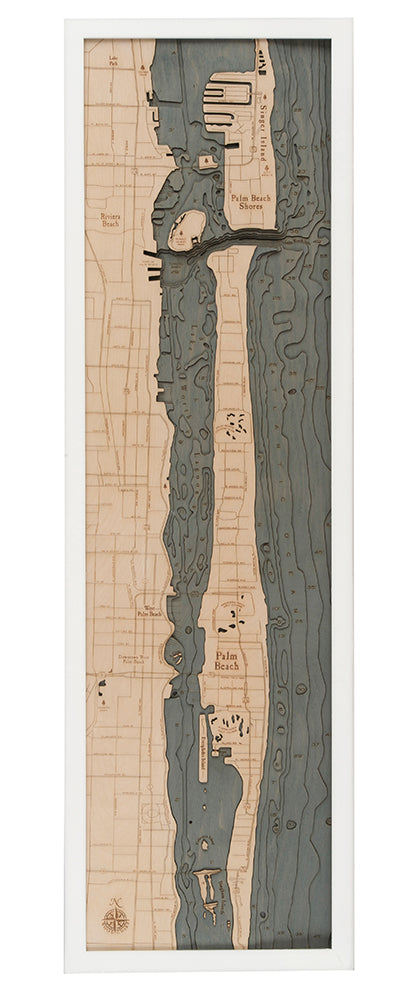 Palm Beach, Florida 3D layered wood map in laser-cut Baltic birch, shown framed against a light wall