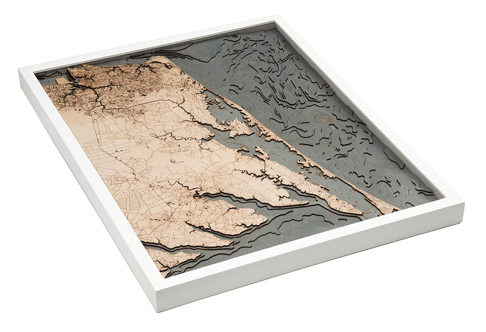 Virginia Beach to Kitty Hawk 3D wood map, white frame