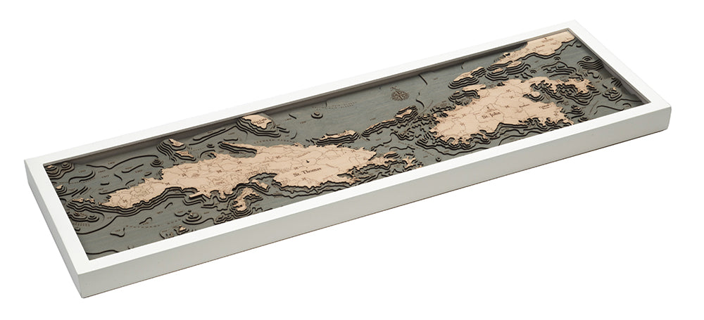 Virgin Islands, Caribbean 3D wood map, white frame