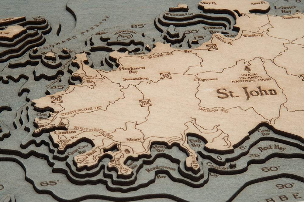 Virgin Islands, Caribbean 3D wood map, white frame