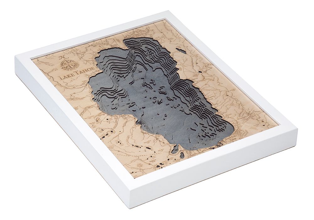 Lake Tahoe, California 3D wood map, white frame